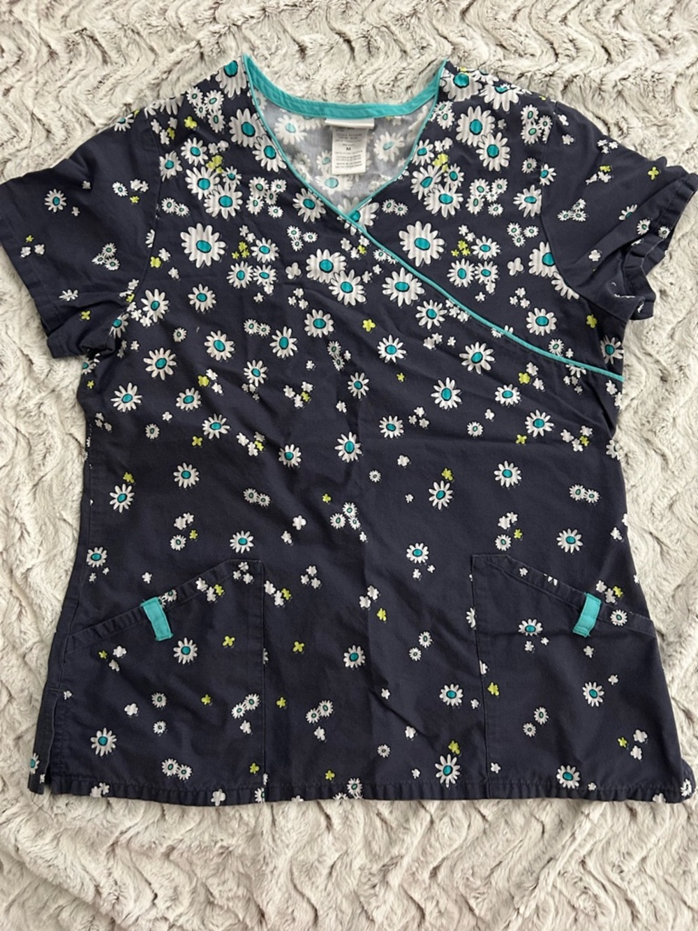 Women’s Floral Print Scrub Top - Navy with Teal Accents